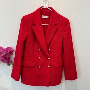 MANGO MNG Women’s Red Tweed Blazer/Jacket with Gold Buttons Size Medium